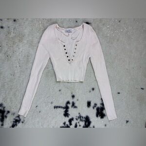 Love Tree 𝅺Women's Cream Button Up Long Sleeve Ribbed Knit V Neck Crop Sweater